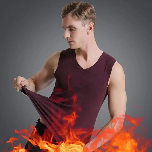 1Pcs Set Mens V-Neck Thermal Undershirts Solid Base Men'S Warm Seamless Slimming Sleeveless Add Velvet Thickening Inner Shirt